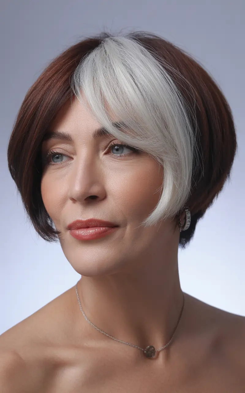 winter haircuts for women over 40 two tone bob with a silver accent