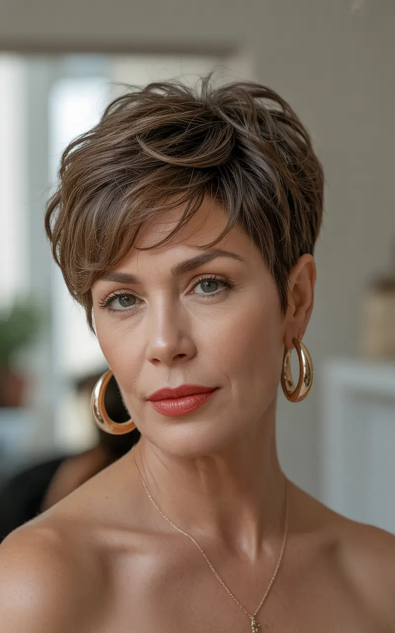 winter haircuts for women over 40 textured brunette pixie with volume crown