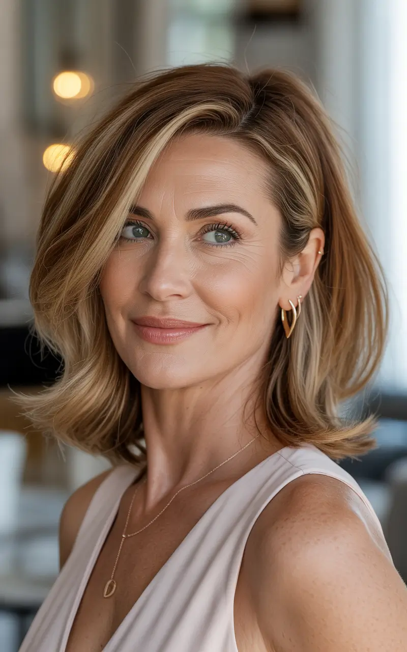 winter haircuts for women over 40 blended blonde bob with side volume
