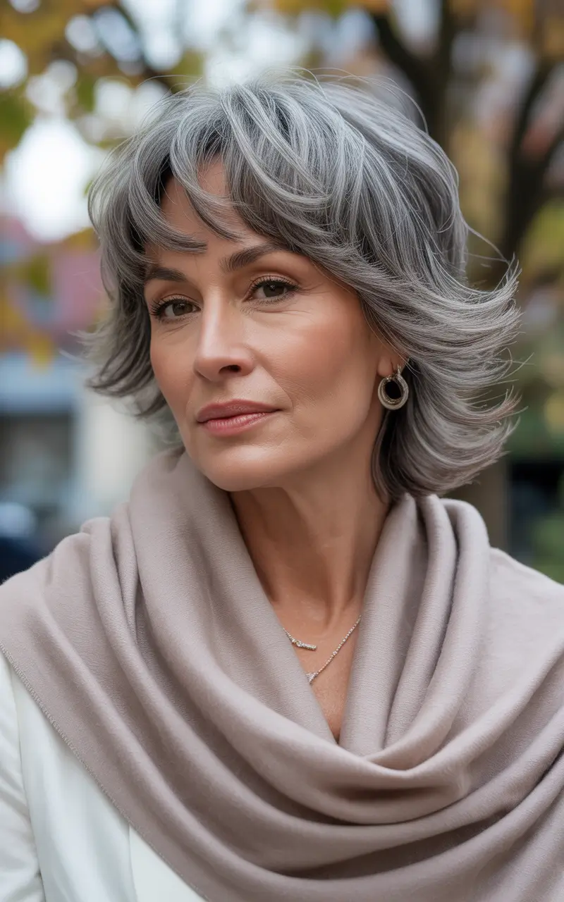 winter haircuts for women over 40 silver layered shag with feathered bangs