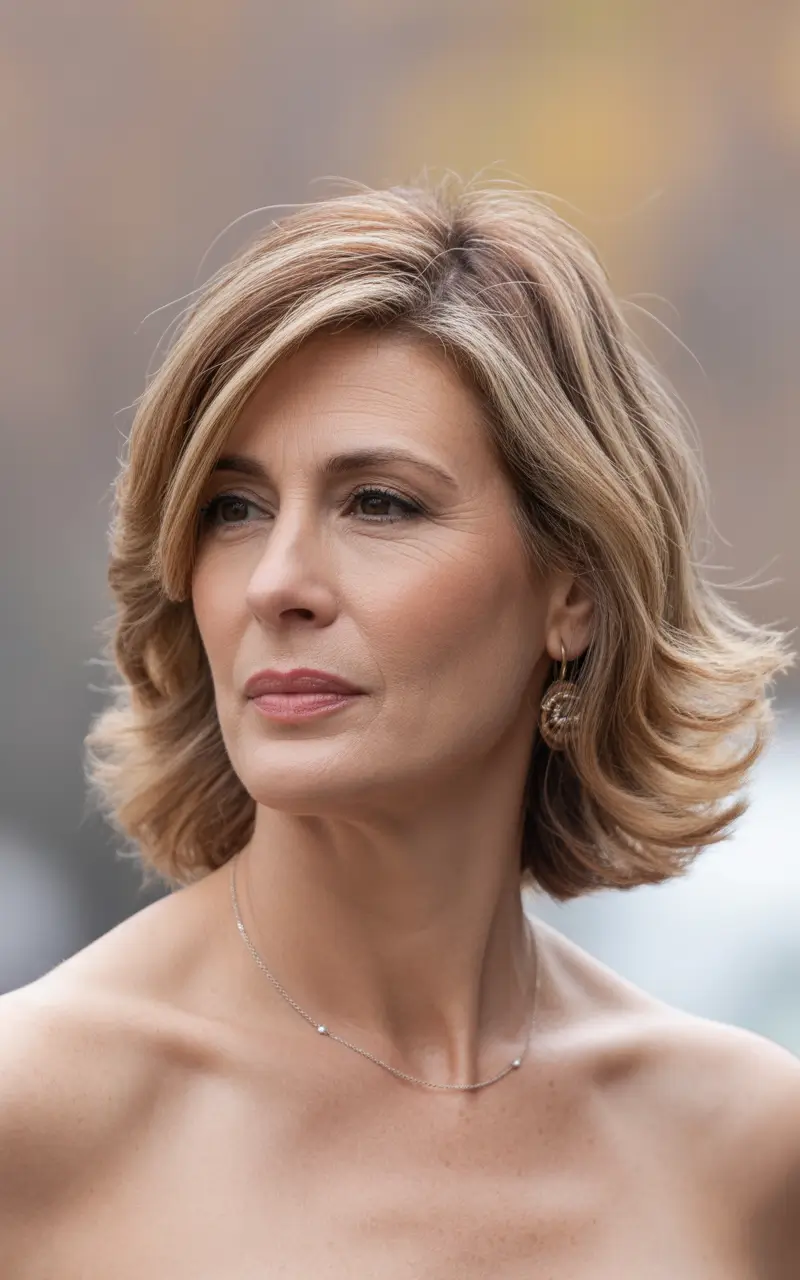 winter haircuts for women over 40 warm caramel bob with a tousled finish
