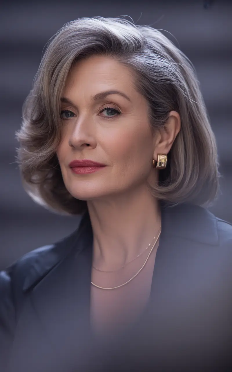 winter haircuts for women over 40 refined side parted bob with smoky silver dimension