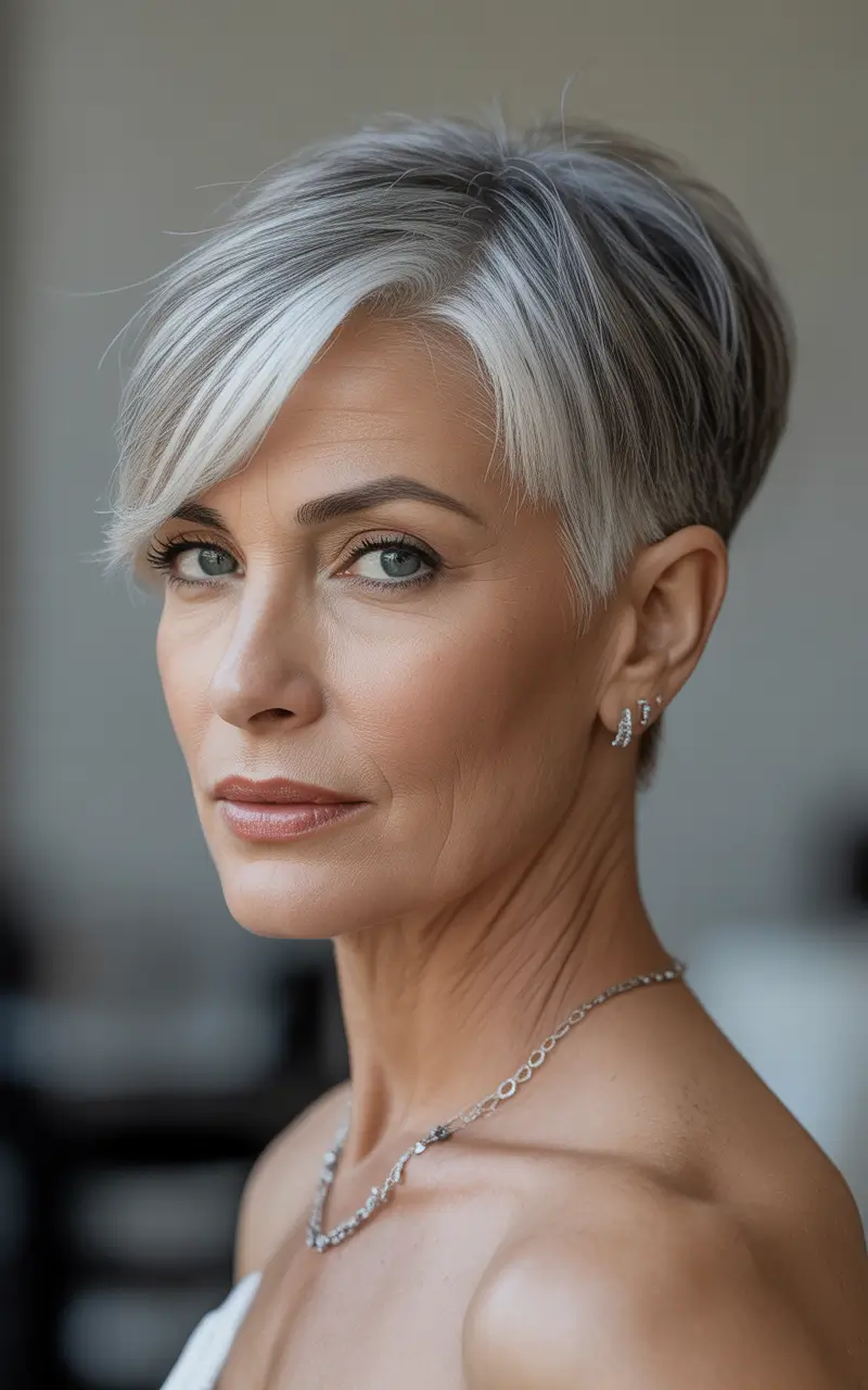 winter haircuts for women over 40 short silver pixie with soft layers