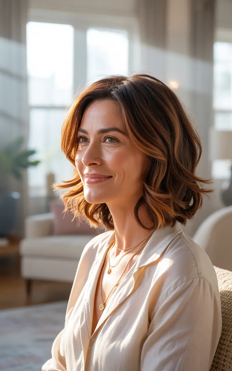 winter haircuts for women over 50 warm brunette waves with subtle shine