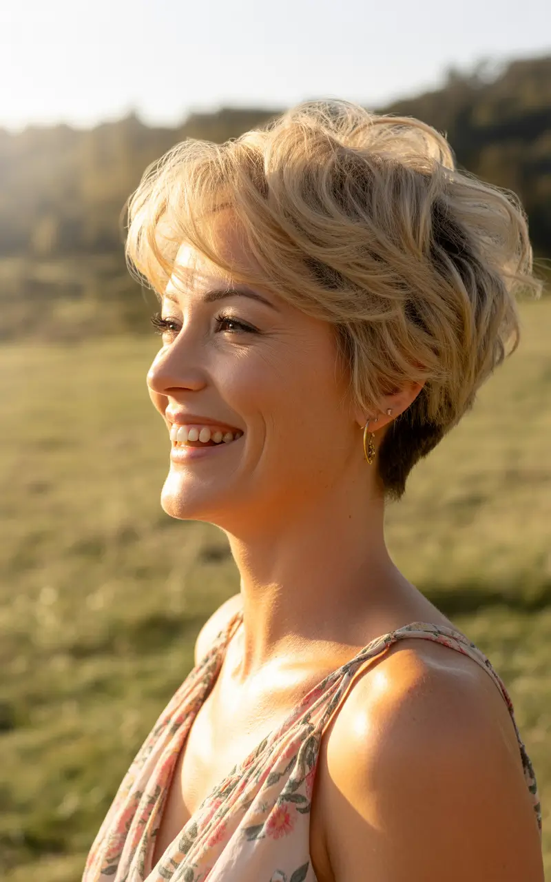 winter haircuts for women over 50 soft blonde crop with airy layers