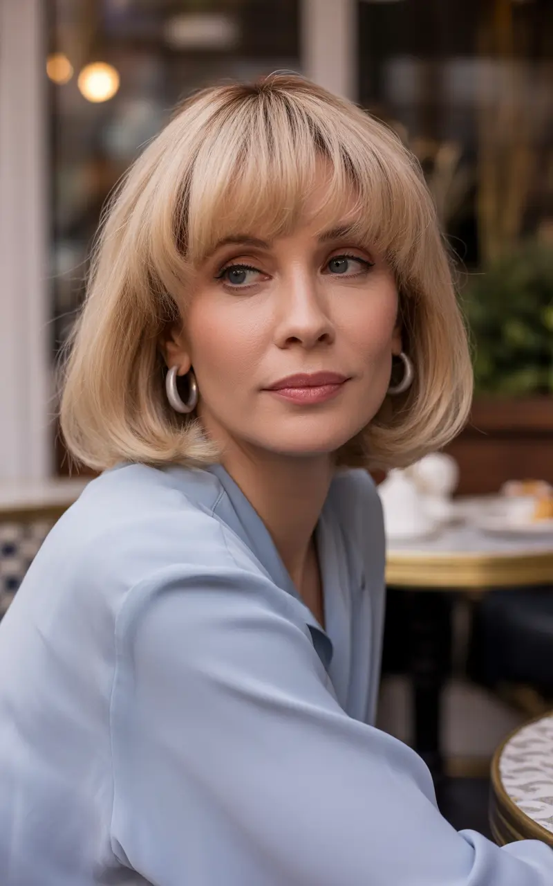 winter haircuts for women over 50 soft blonde bob with curtain bangs