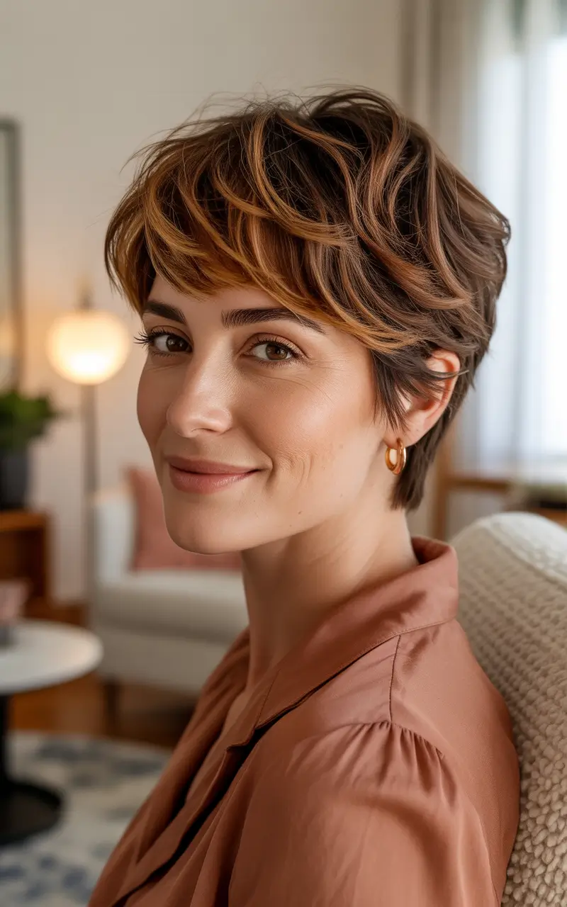 winter haircuts for women over 50 textured brunette pixie with warm tones