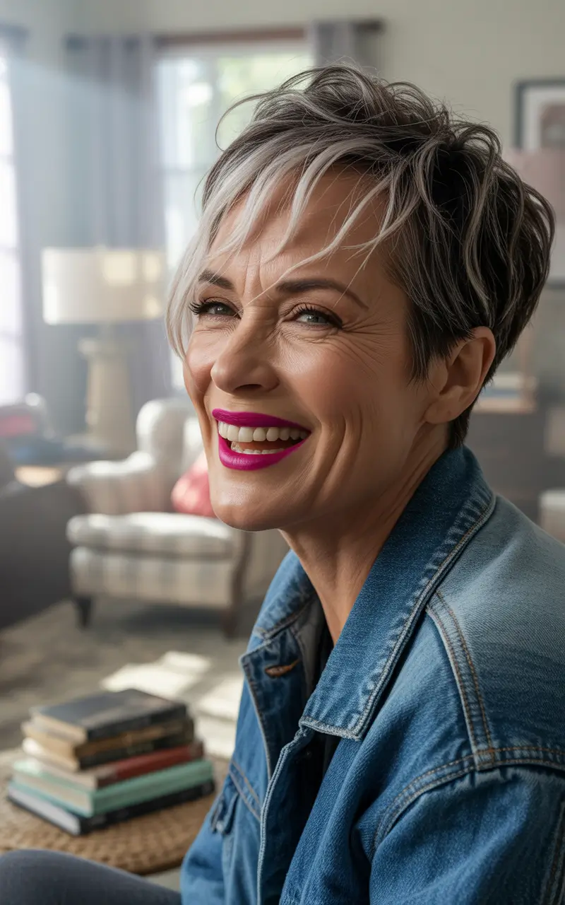 winter haircuts for women over 50 choppy pixie with icy highlights
