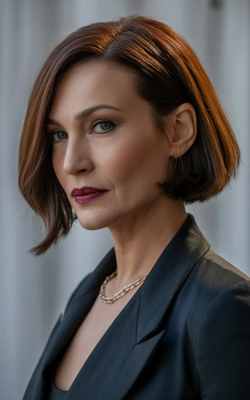 winter haircuts for women over 50 sleek chocolate bob with a side part