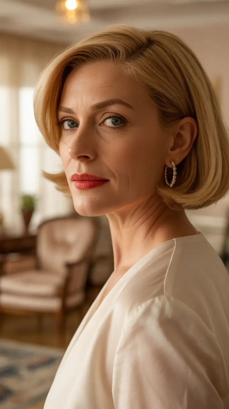 winter haircuts for women over 60 Polished Blonde Bob with Subtle Angles
