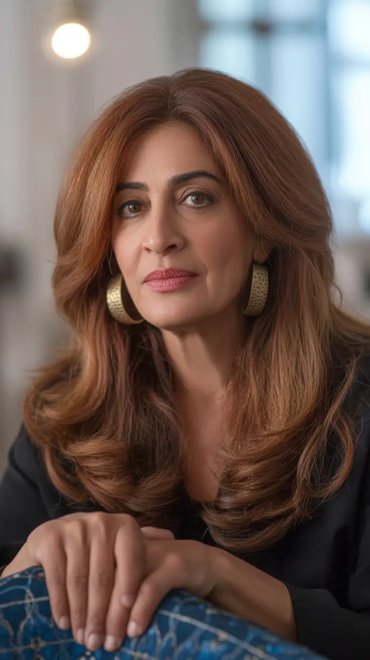 winter haircuts for women over 60 Long Layered Chestnut Waves with Subtle Lift