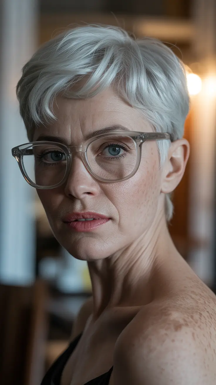 winter haircuts for women over 60 Soft Silver Pixie with Sculpted Layers