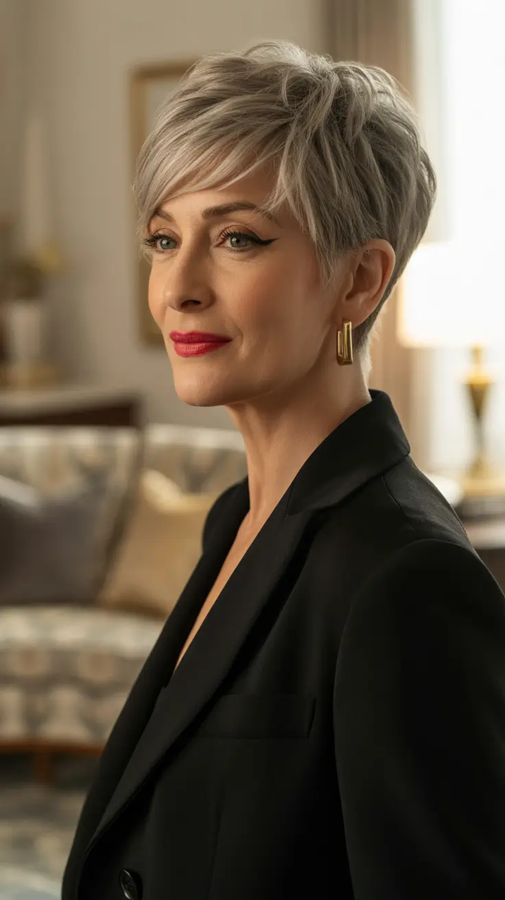 winter haircuts for women over 60 Textured Silver Pixie with Polished Definition
