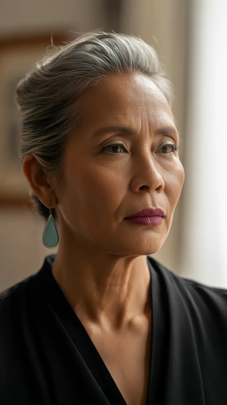 winter haircuts for women over 60 Elegant Gray Updo with Smooth Volume
