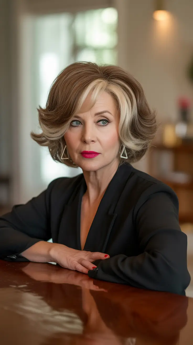winter haircuts for women over 60 Layered Champagne Blonde Bob with Luminous Bounce