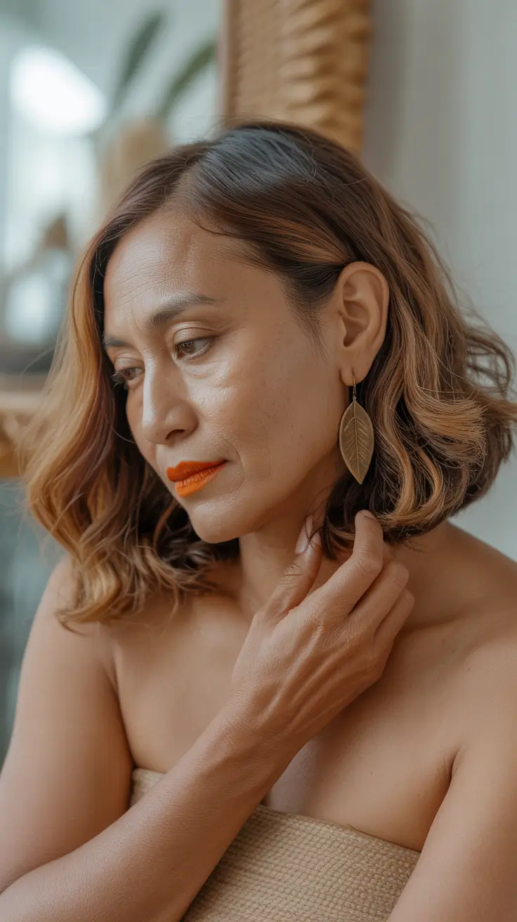 winter haircuts for women over 60 Golden Chestnut Bob with Soft Volume