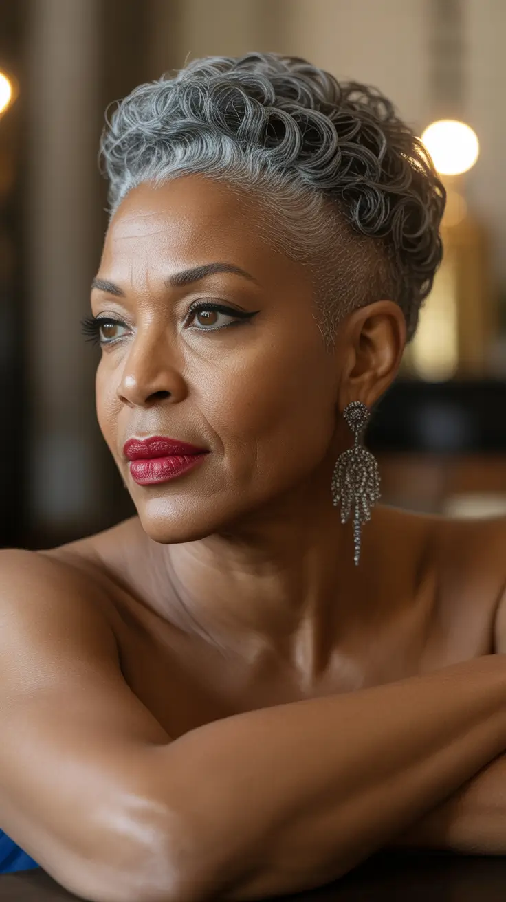 winter haircuts for women over 60 Short Silver Curls with Undercut Detail