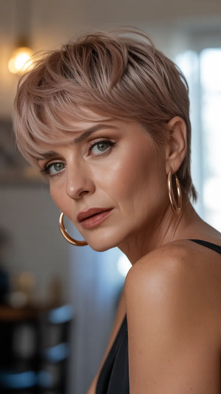 winter haircuts for women over 60 Chic Pixie with Rose-Toned Elegance