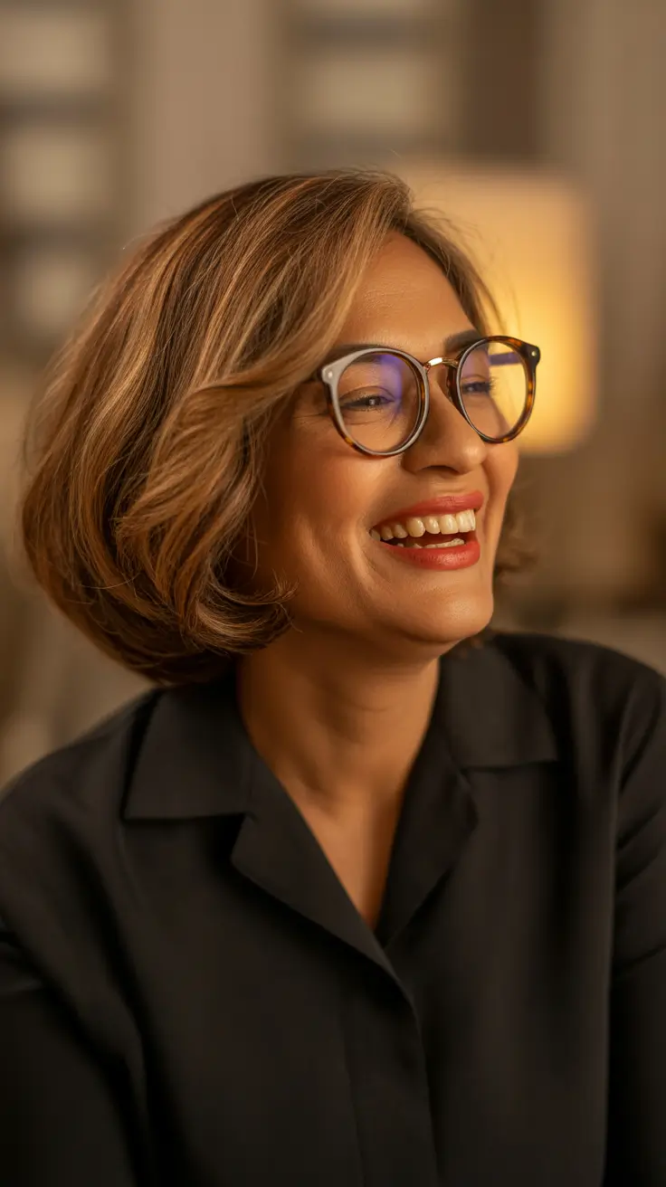 winter haircuts for women over 60 Soft Layered Bob with Caramel Depth