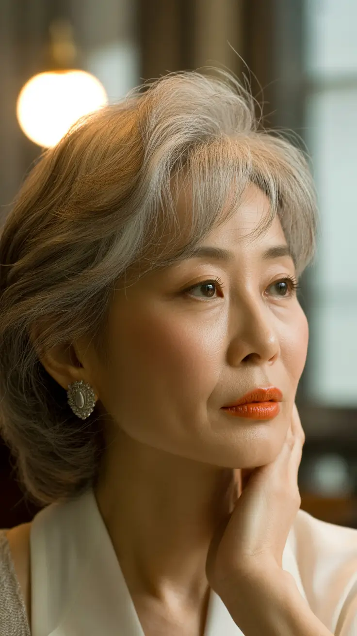 winter haircuts for women over 60 Feathered Silver Layers with Airy Movement