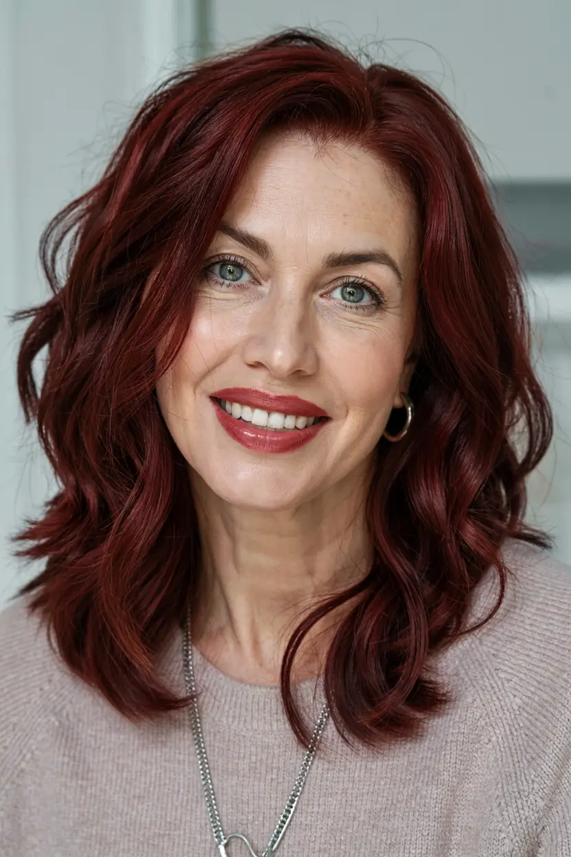 winter hairstyles and color for women over 50 Vibrant Red with Soft Layers