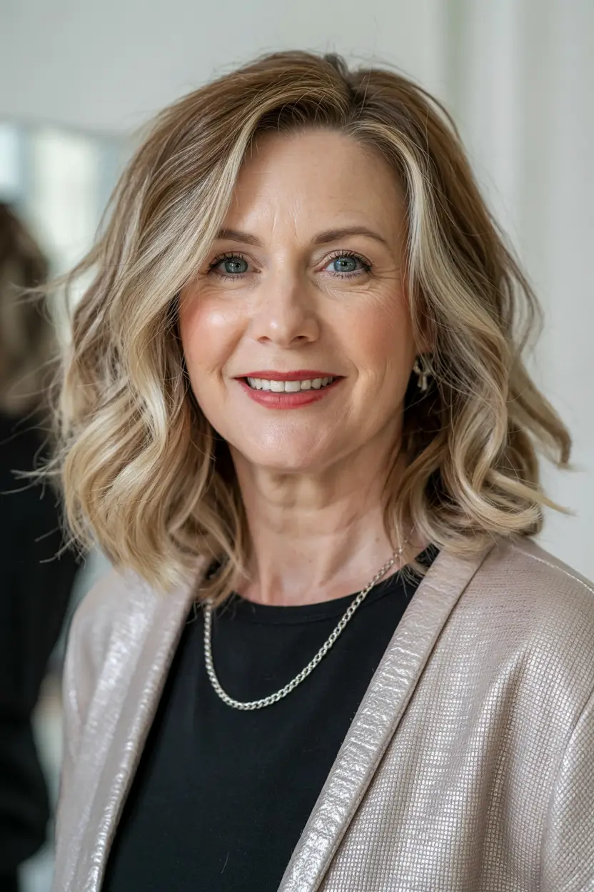 winter hairstyles and color for women over 50 Soft Blonde Waves with a Modern Bob Shape