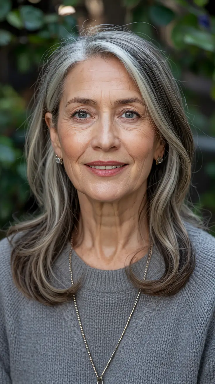 winter hairstyles and color for women over 50 Natural Silver with Gentle Layers