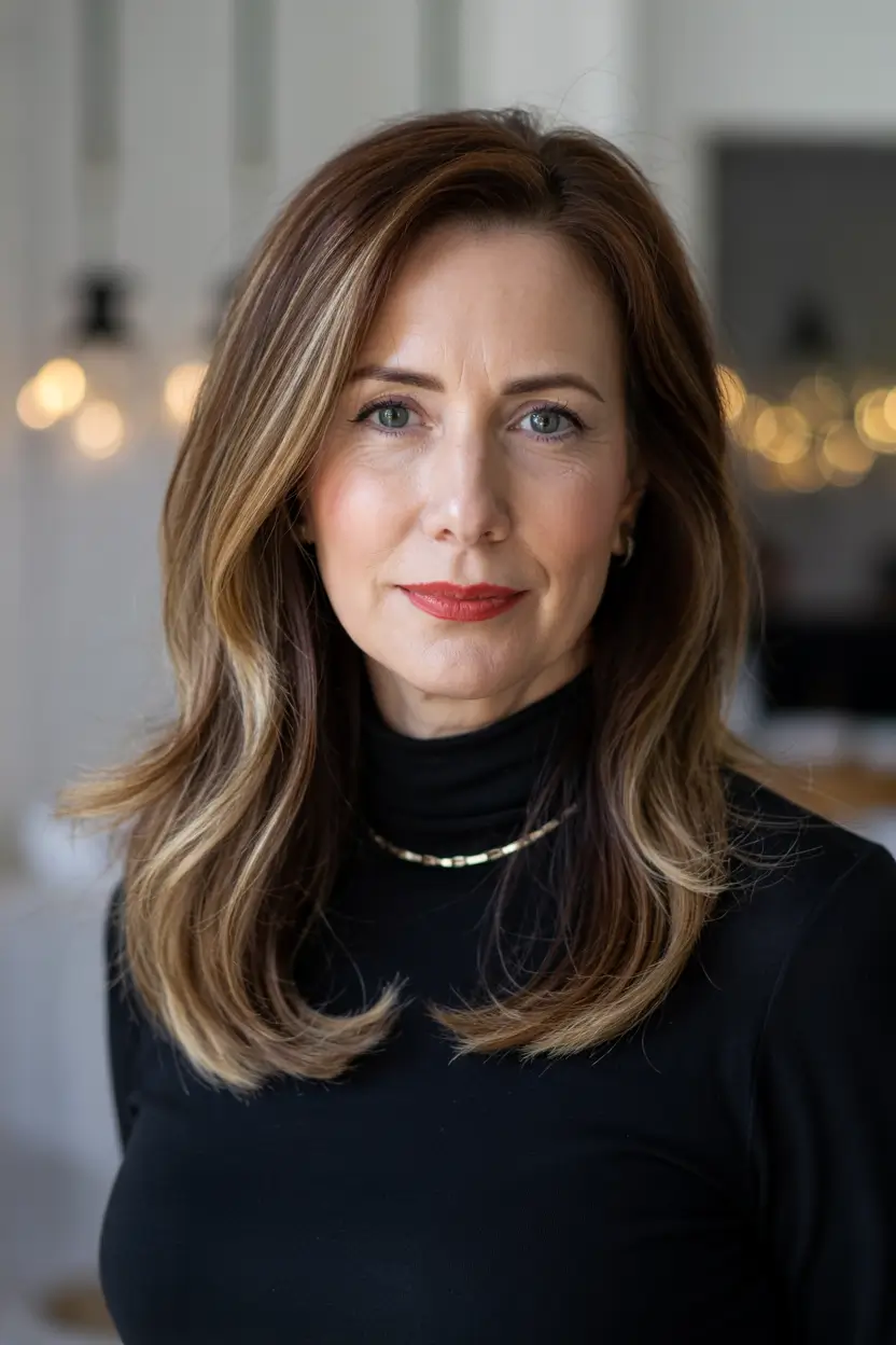 winter hairstyles and color for women over 50 Glossy Brunette with Caramel Ends