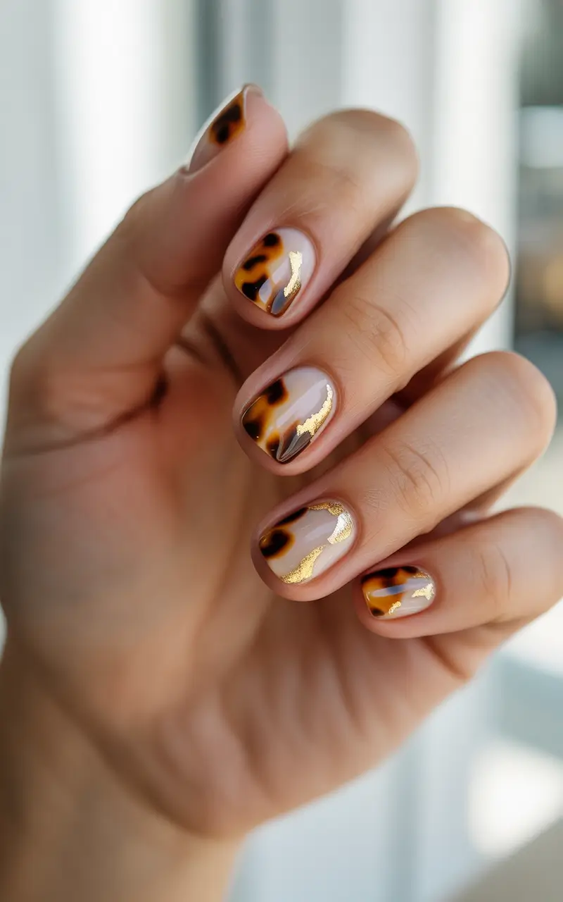 winter acrylic nails 2025-2026 tortoiseshell and gold