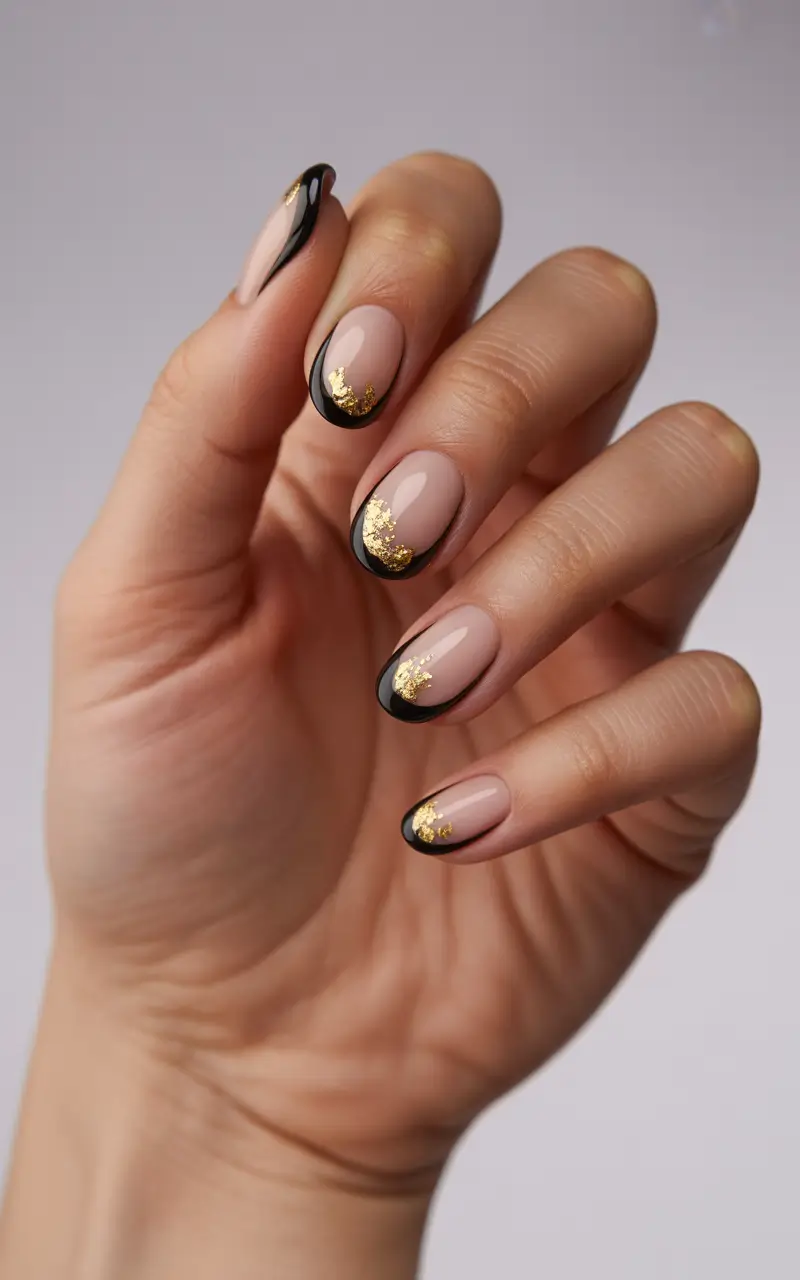 winter acrylic nails 2025-2026 black french with gold spark