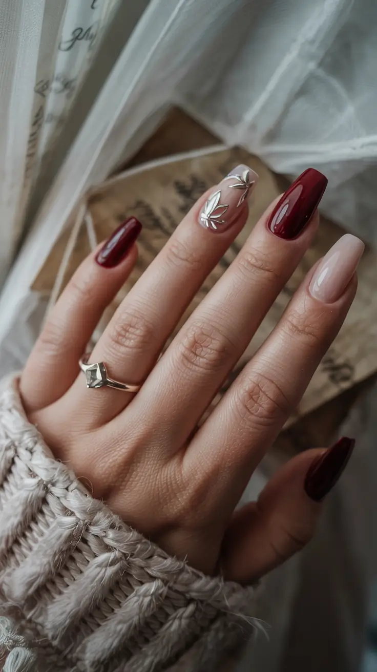 winter color nails Garnet & Silver Leaf Accents