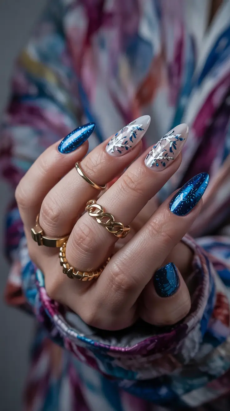 winter color nails Blue Frost Florals