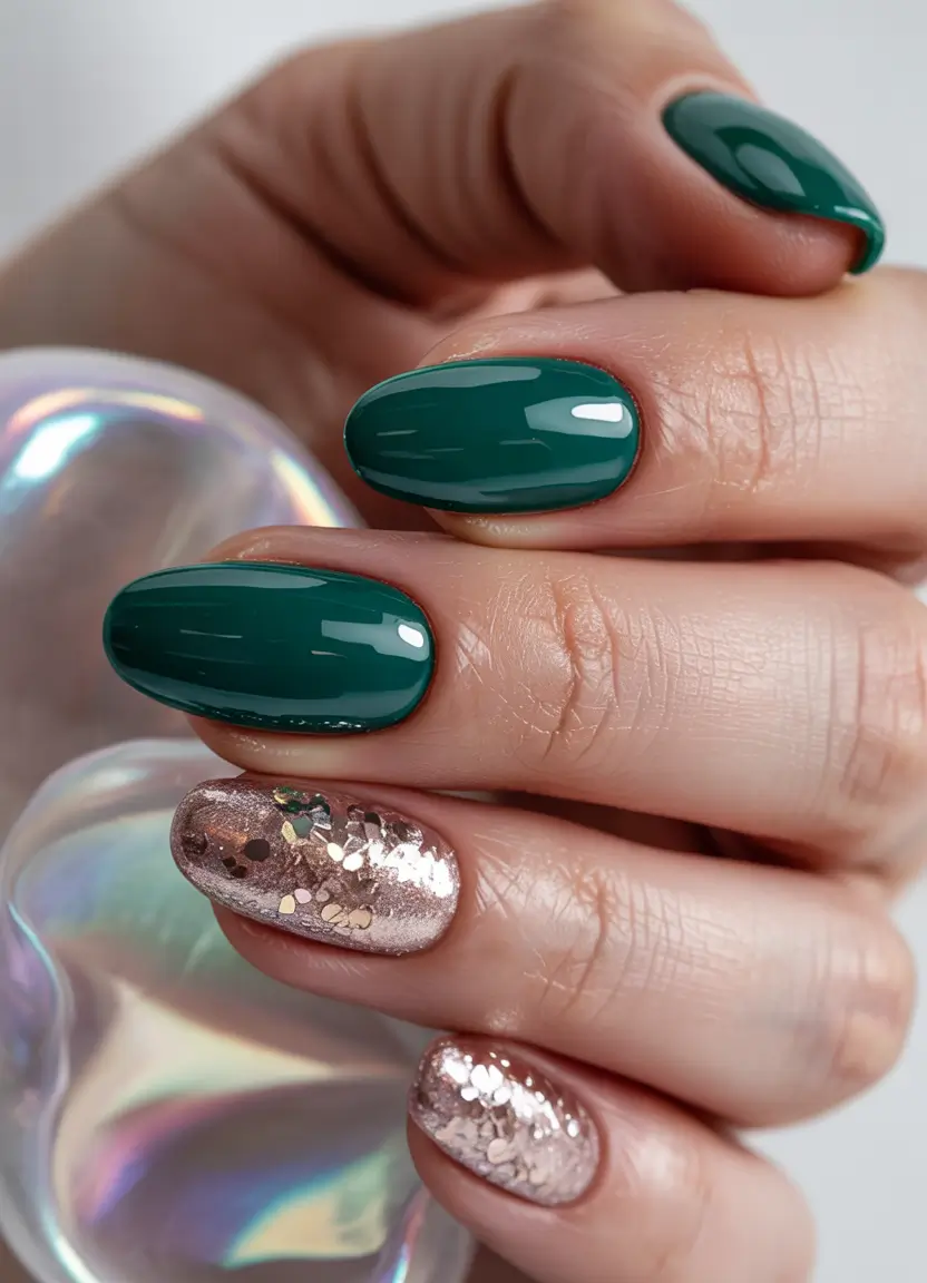 winter color nails 2025 emerald green with glitter drama