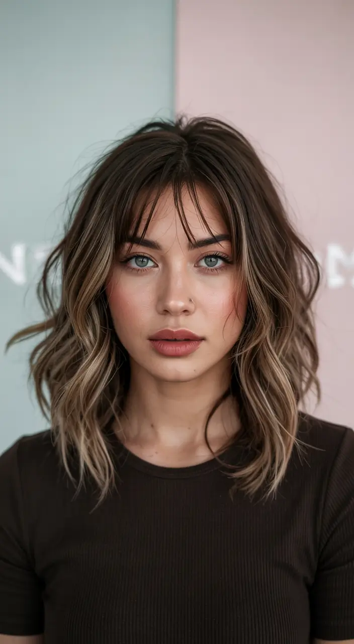 winter haircuts Textured Lob with Shaggy Fringe