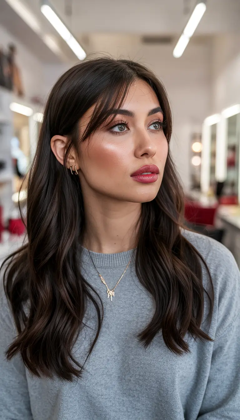 winter haircuts Glossy Dark Waves with Light Bangs