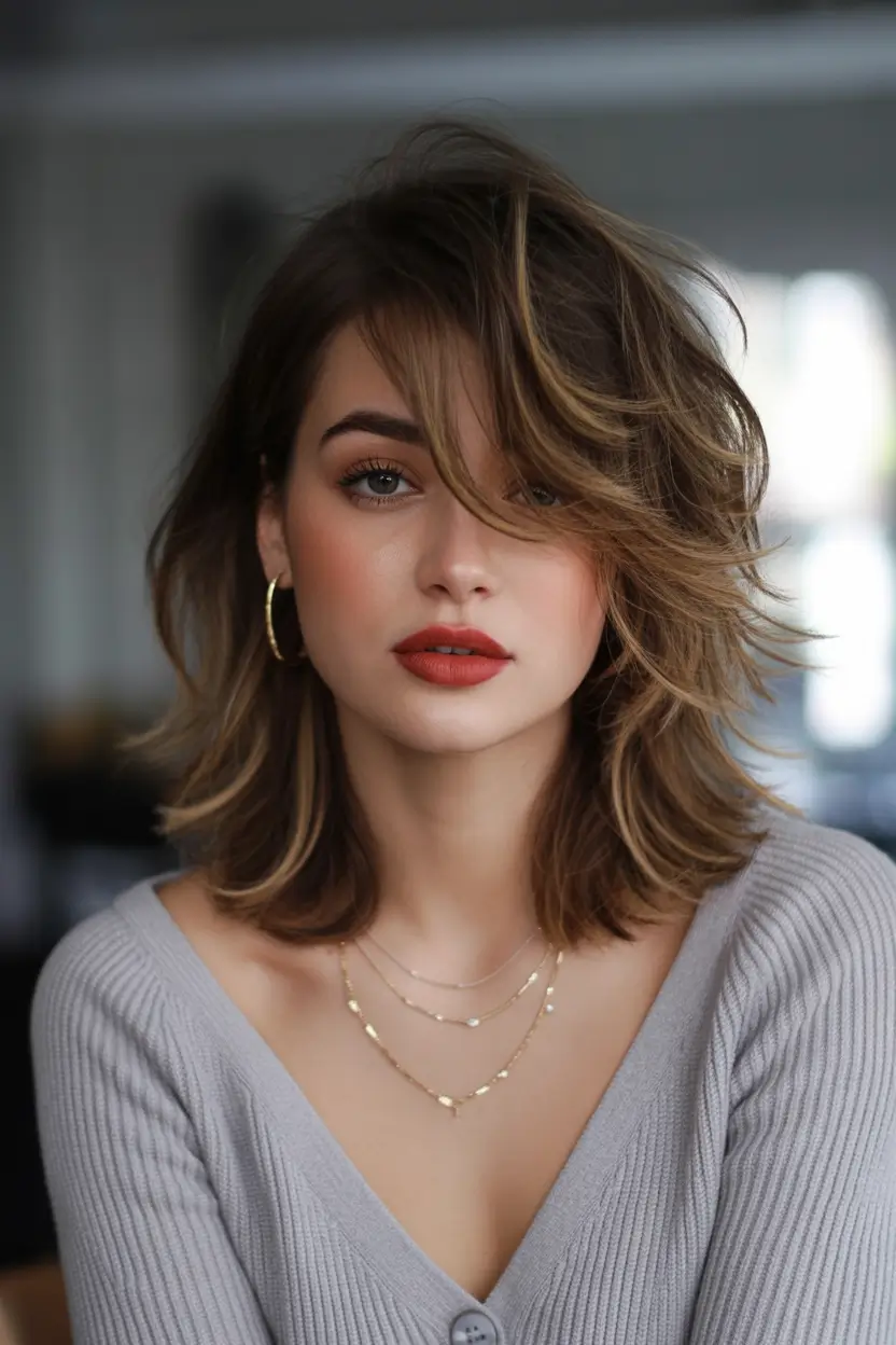 Winter Haircuts and Colors 2025-2026 Trends Textured Medium Layers with Windswept Bangs