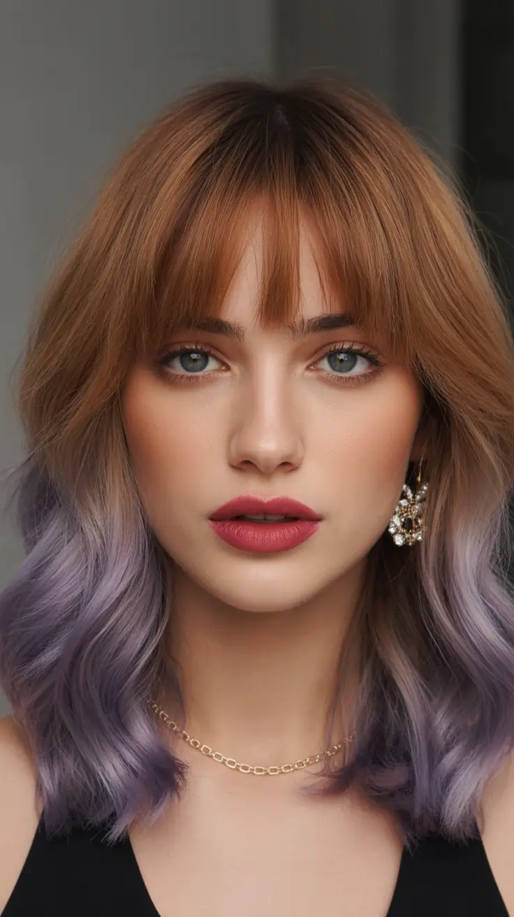 Winter Haircuts and Colors 2025-2026 Trends Two-Tone Violet Ombre with Bangs