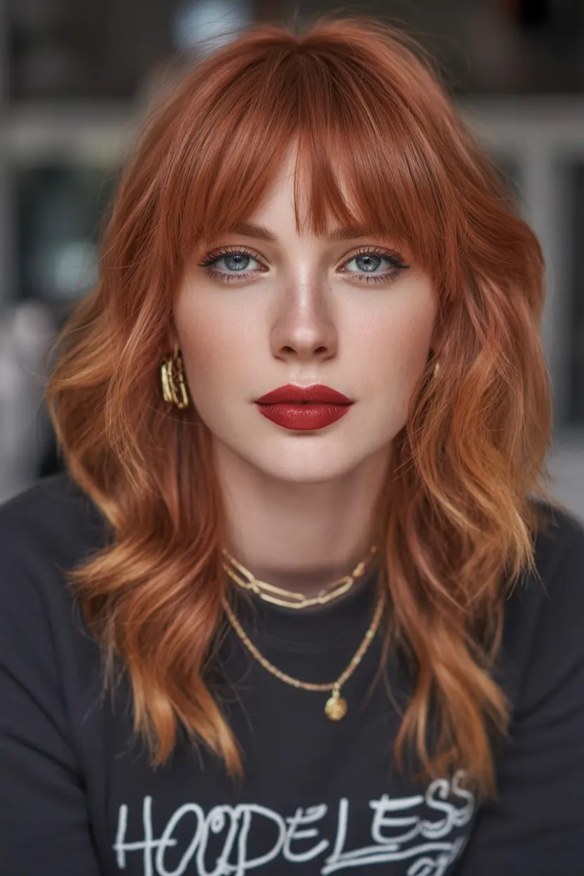 winter haircuts for round faces Fiery Copper Medium Cut with Full Fringe