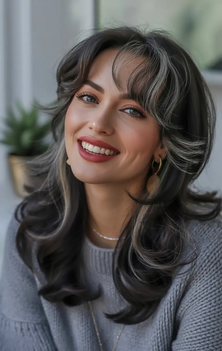 winter haircuts for round faces Modern Layered Cut with Contrasting Highlights