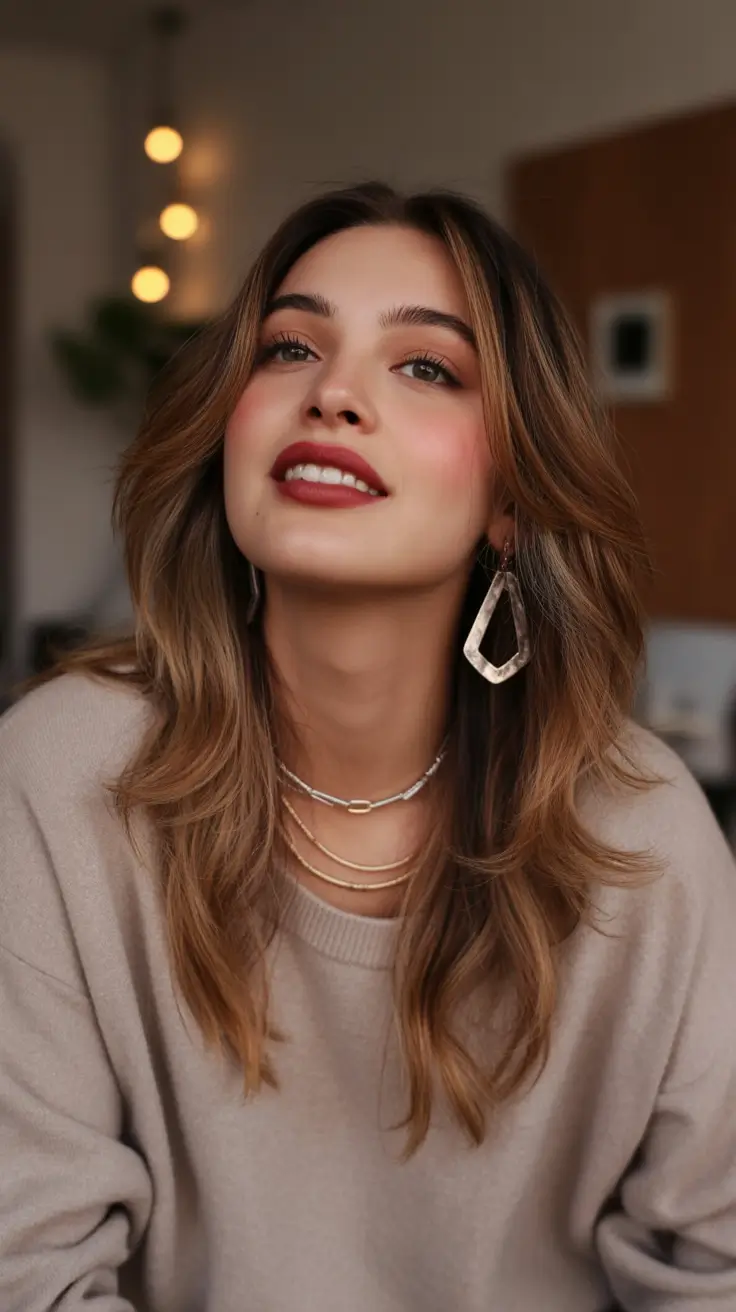 winter haircuts for round faces Layered Mid-Length Cut with Soft Dimension