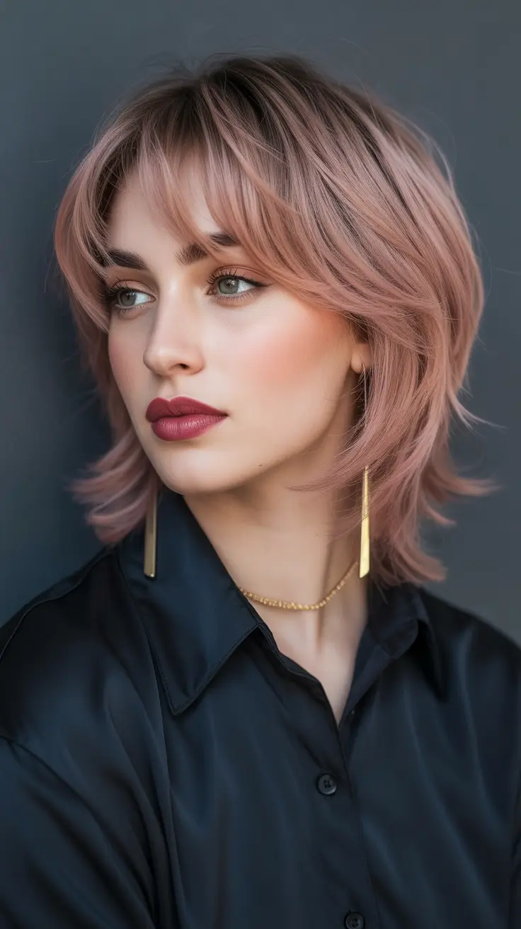 winter haircuts for round faces Dusty Rose Shag with Feathered Layers