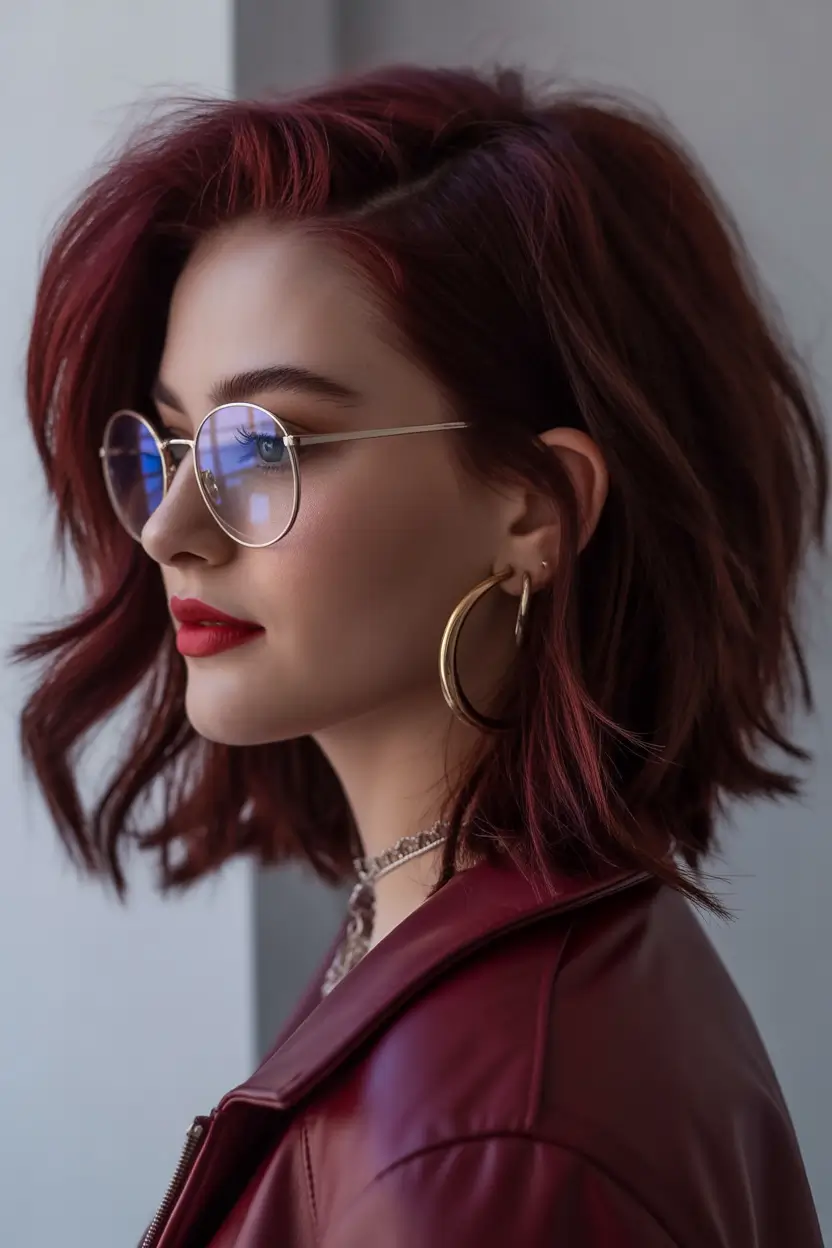 winter haircuts for round faces Deep Side-Part Textured Bob in Burgundy