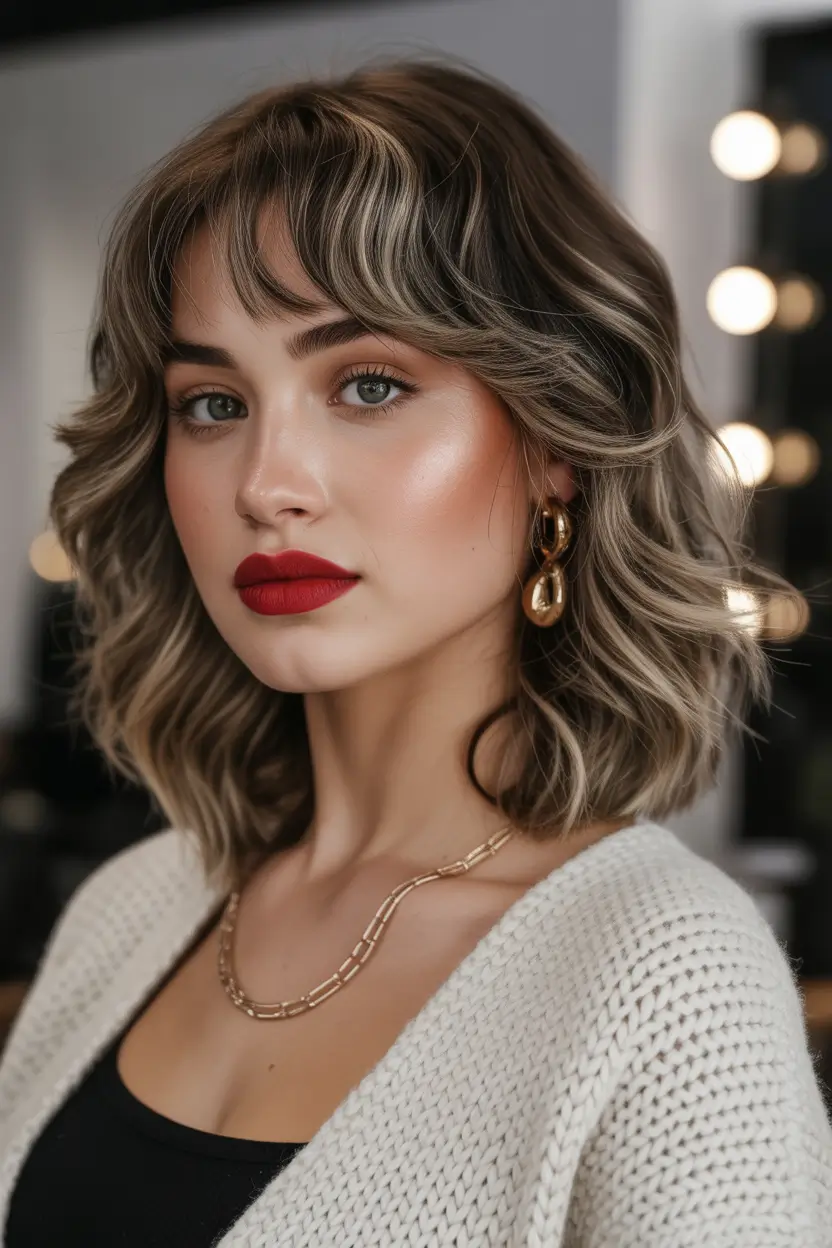 winter haircuts for round faces Chic Shaggy Bob with Modern Bangs