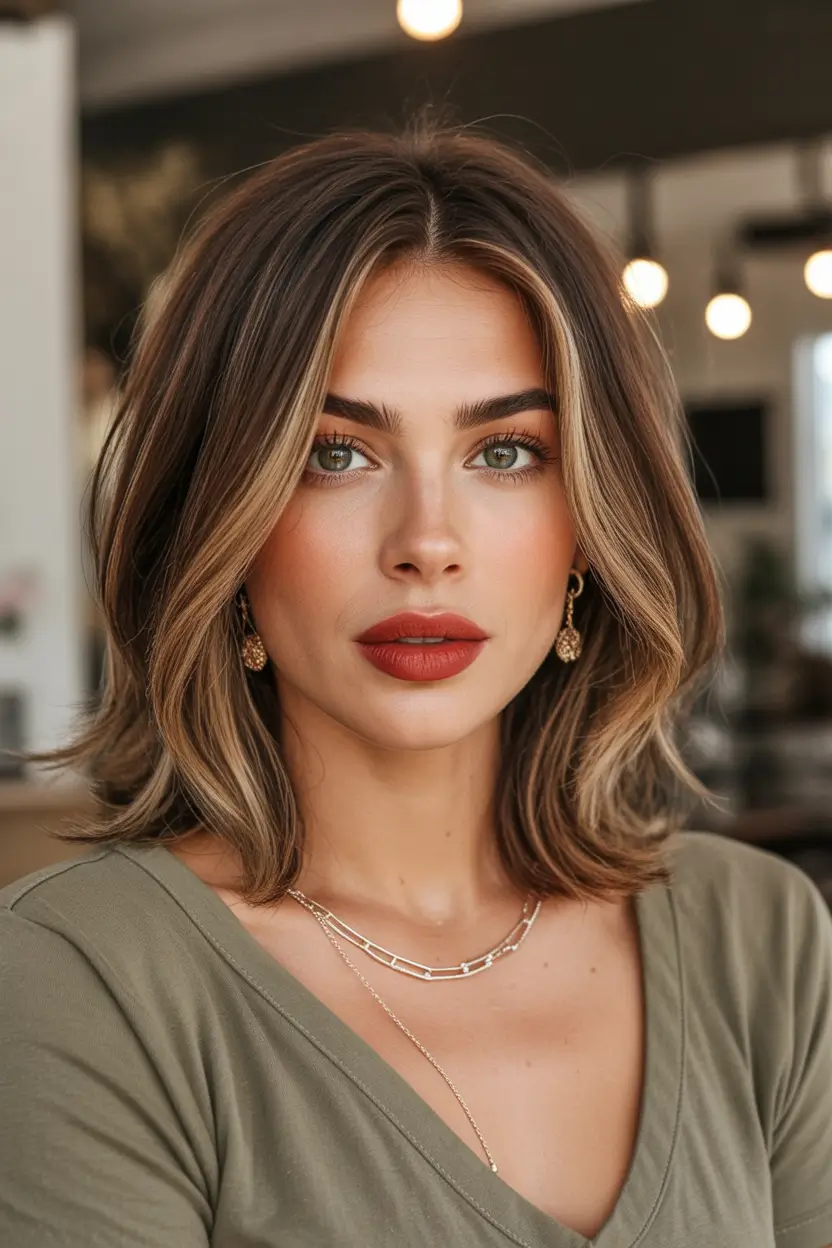 winter haircuts for round faces Warm Brunette Layers with Face-Framing Highlights