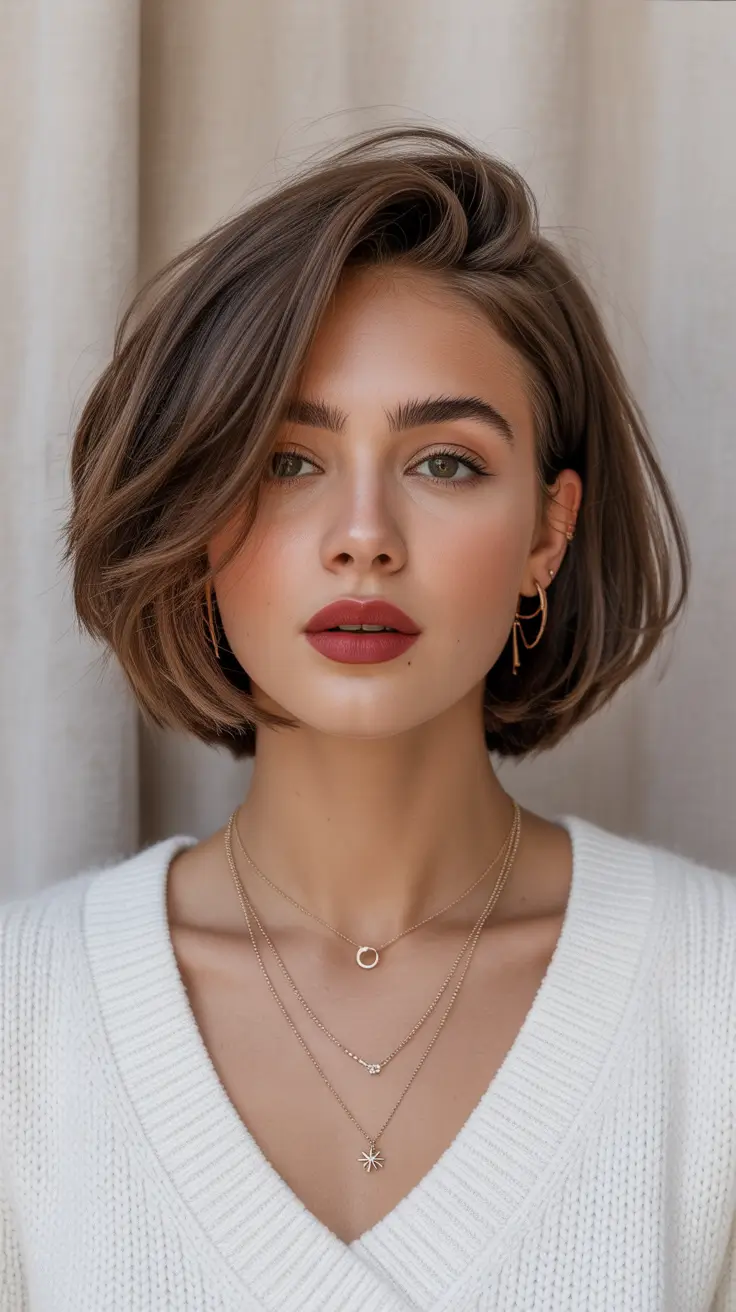 winter haircuts for round faces Classic Sleek Bob with Side Part