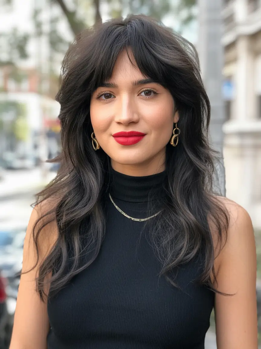 winter haircuts for round faces Layered Curtain Bangs with Flowing Length