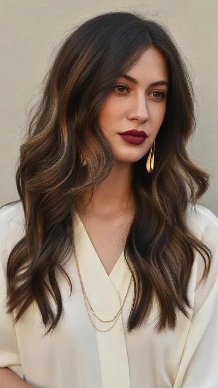 winter haircuts for round faces Luxurious Long Layers with Subtle Highlights