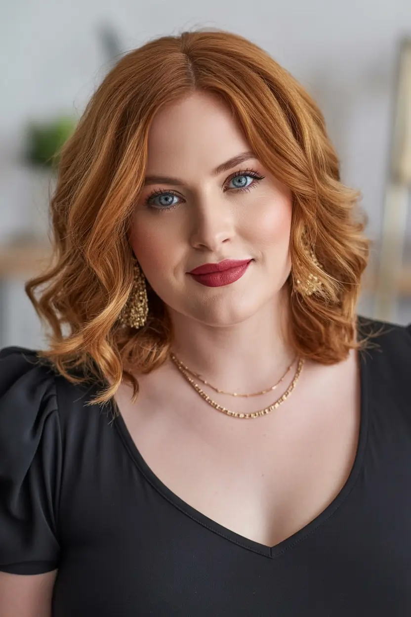Winter hairstyles for Plus Size Women Soft Copper Waves with Golden Glow