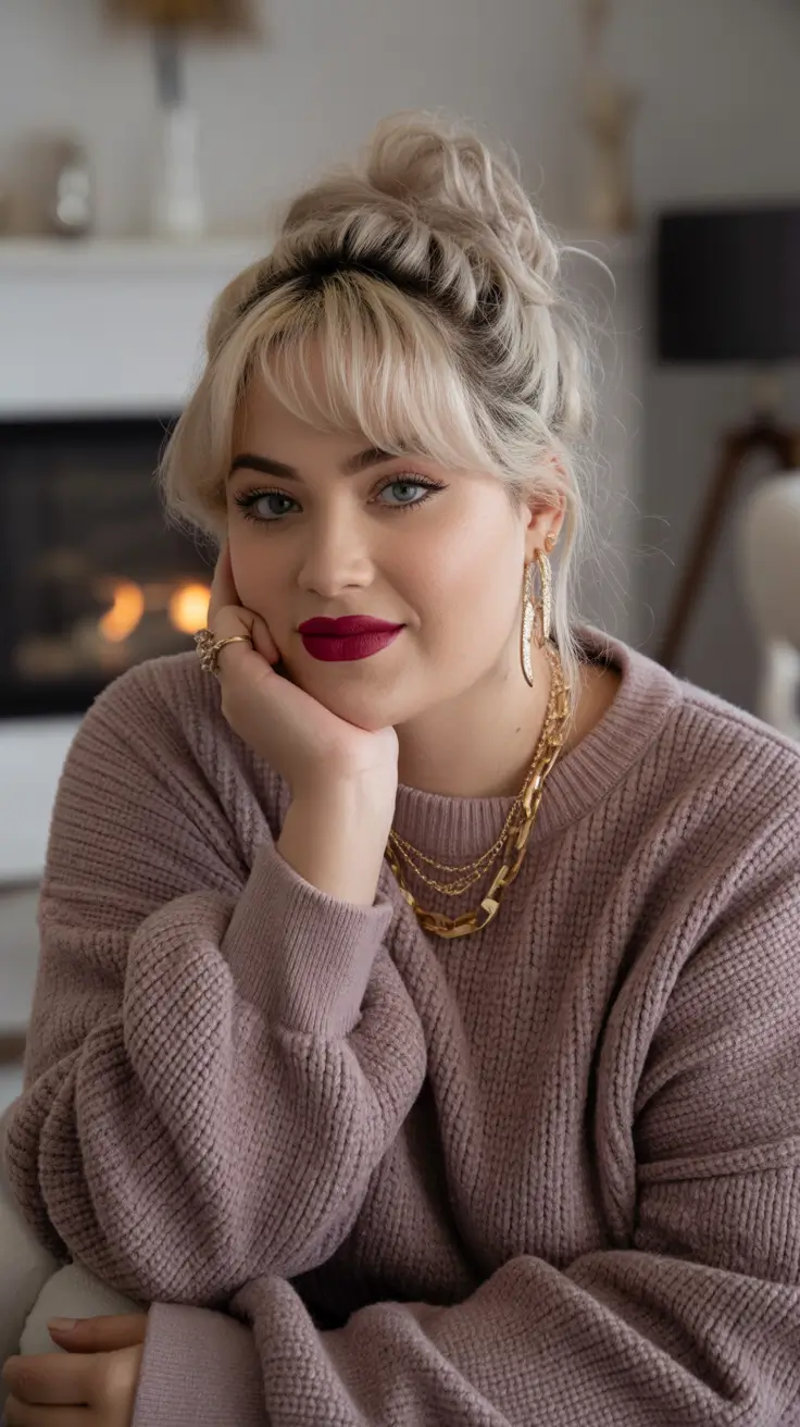 Winter hairstyles for Plus Size Women Blonde Top Knot with Full Bangs