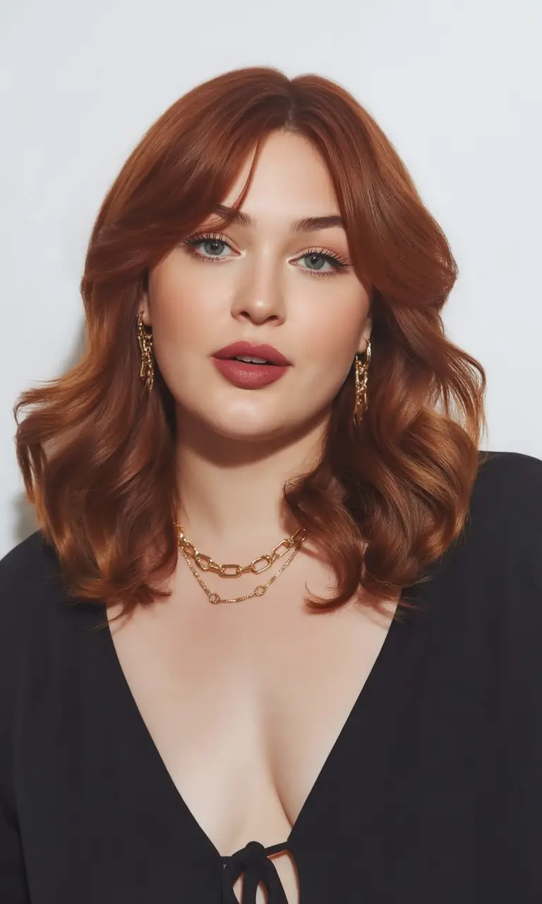 Winter hairstyles for Plus Size Women Copper Curtain Layers with Soft Shine